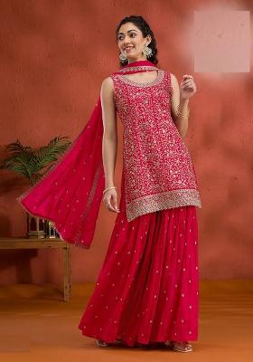 Red Embroidered Georgette Sharara Set
