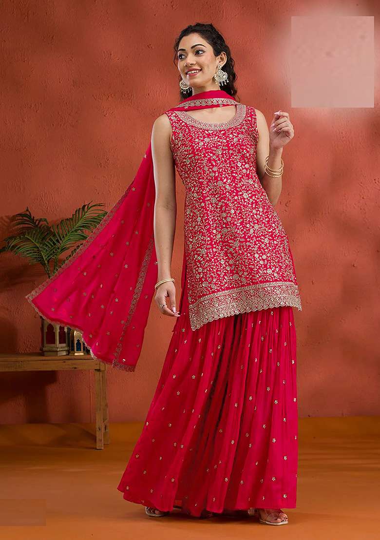 Red Embroidered Georgette Sharara Set - Indya