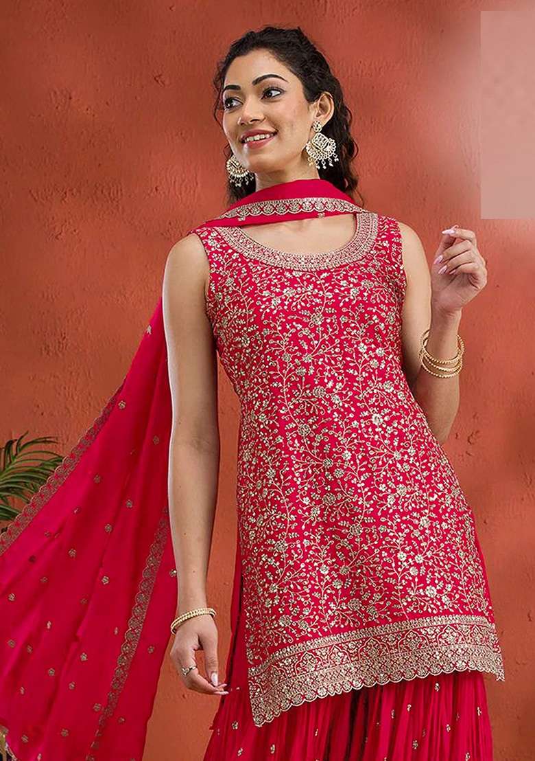 Red Embroidered Georgette Sharara Set - Indya