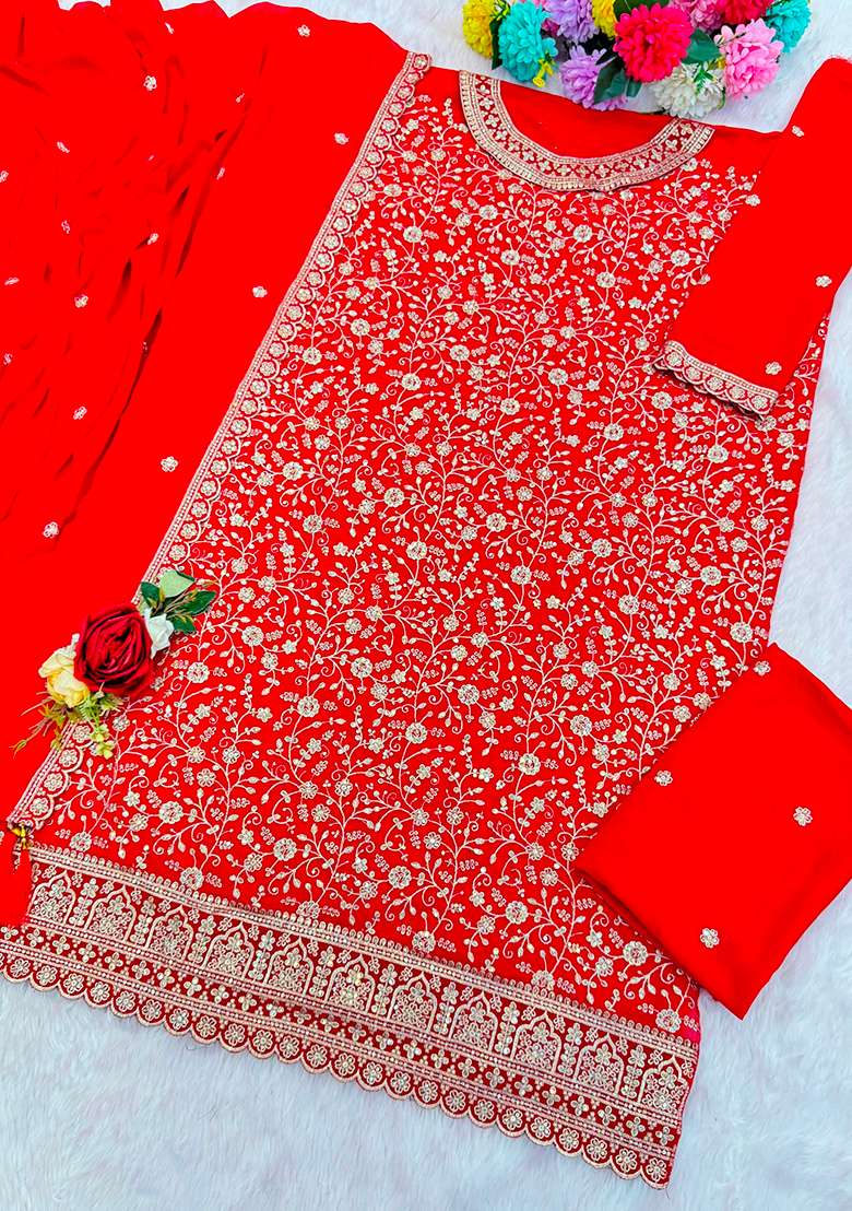 Red Embroidered Georgette Sharara Set - Indya