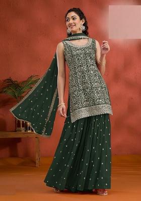 Green Embroidered Georgette Sharara Set
