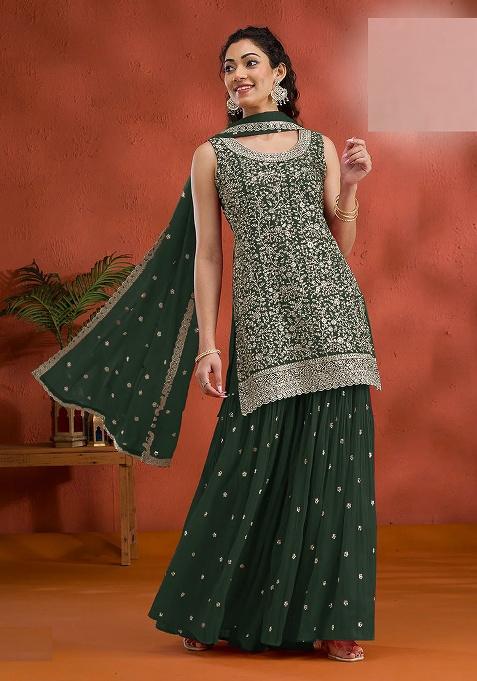 Green Embroidery Georgette Kurta Set