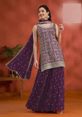 Purple Embroidered Georgette Sharara Set