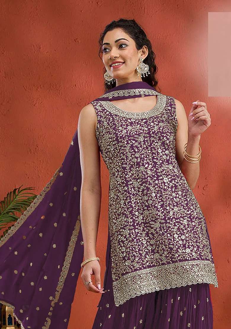 Purple Embroidered Georgette Sharara Set - Indya