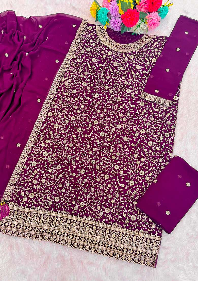 Purple Embroidered Georgette Sharara Set - Indya