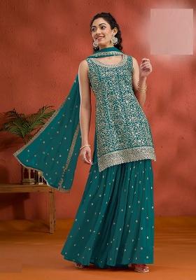 Sky Blue Embroidered Georgette Sharara Set