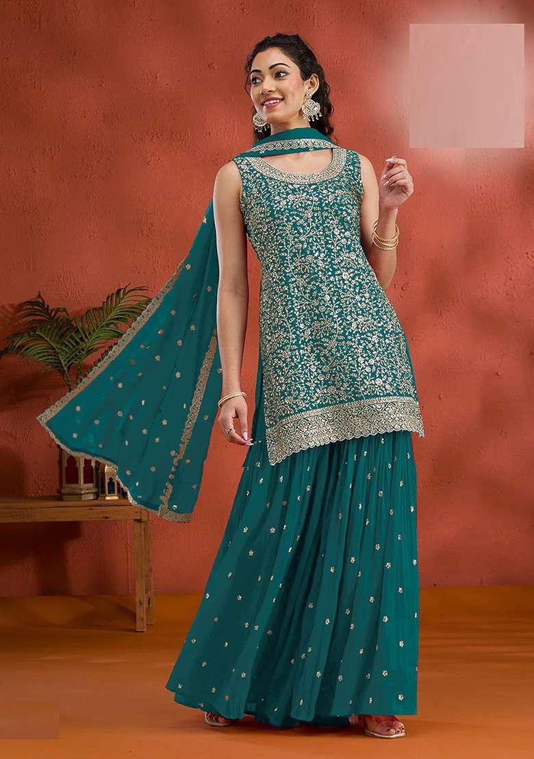 Sky Blue Embroidered Georgette Sharara Set - Indya