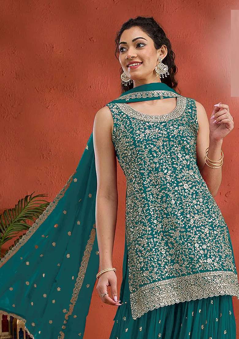 Sky Blue Embroidered Georgette Sharara Set - Indya