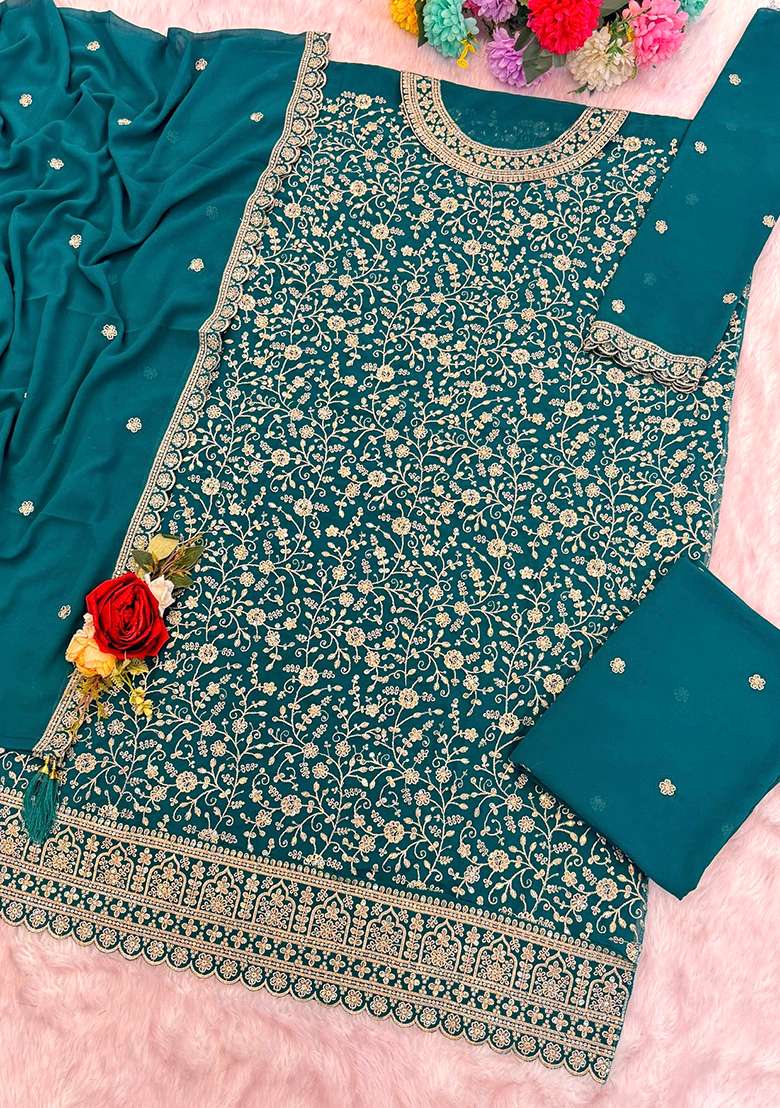 Sky Blue Embroidered Georgette Sharara Set - Indya