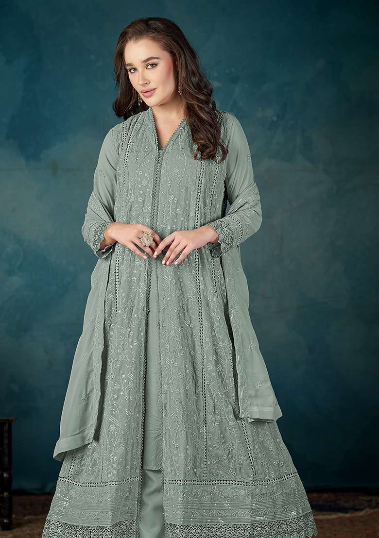 Grey Embroidery Georgette Kurta Set - Indya