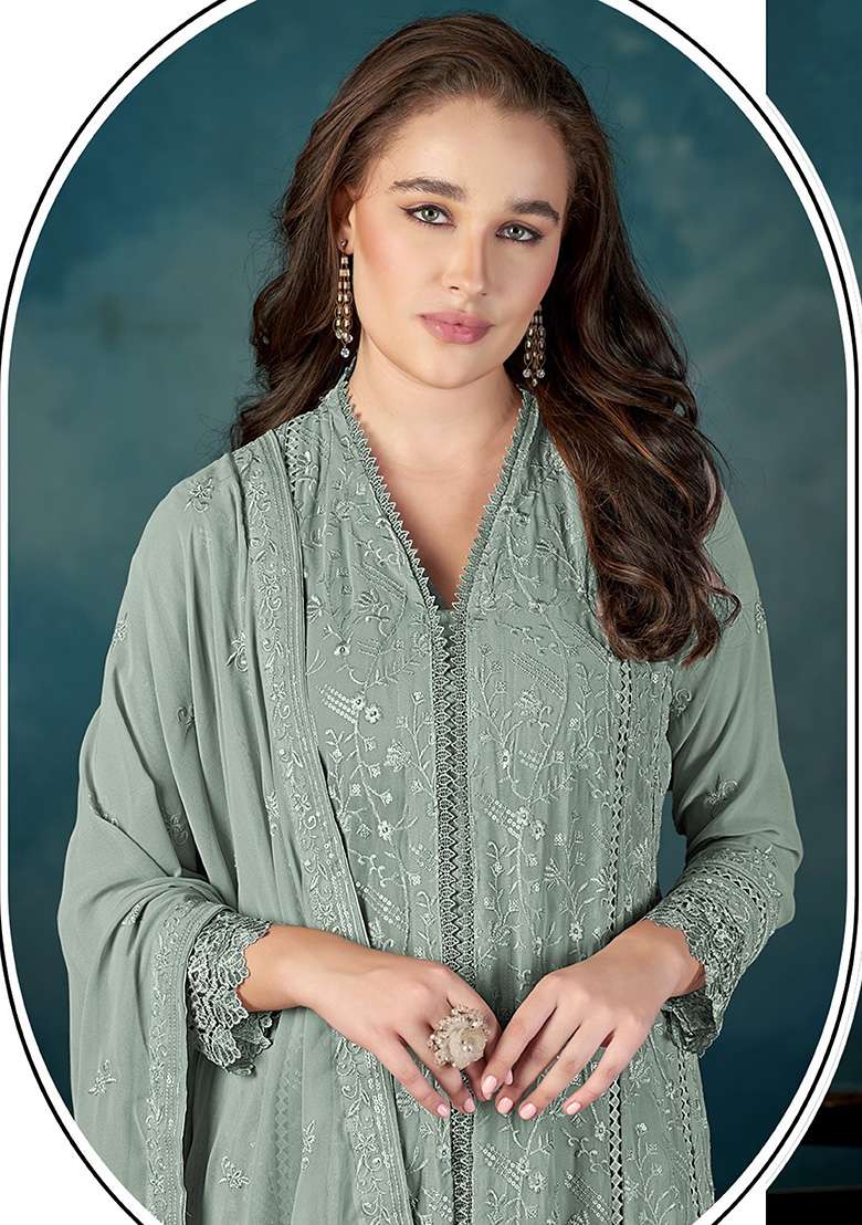 Grey Embroidery Georgette Kurta Set - Indya