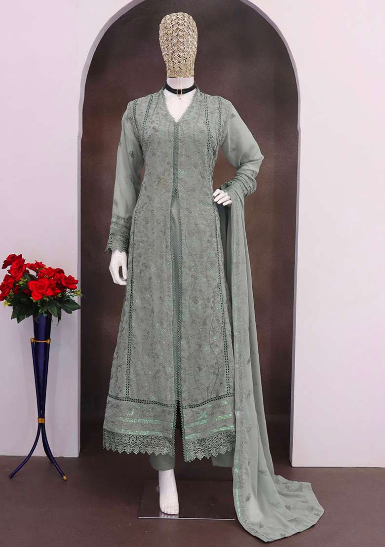 Grey Embroidery Georgette Kurta Set - Indya