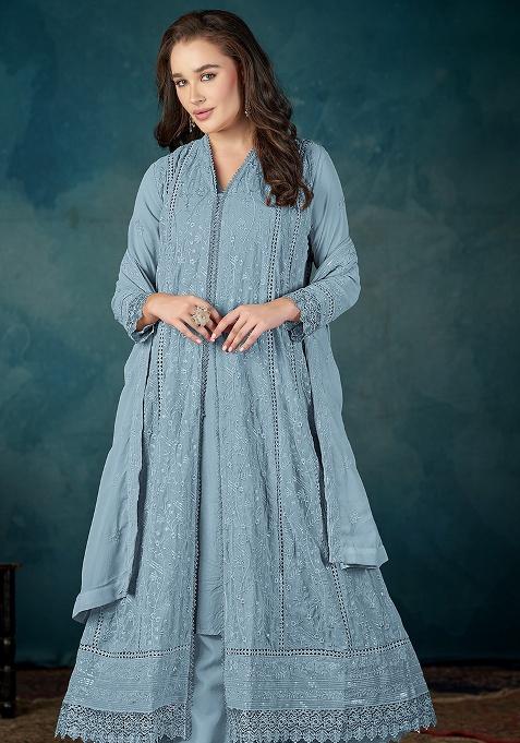 Blue Embroidery Georgette Kurta Set