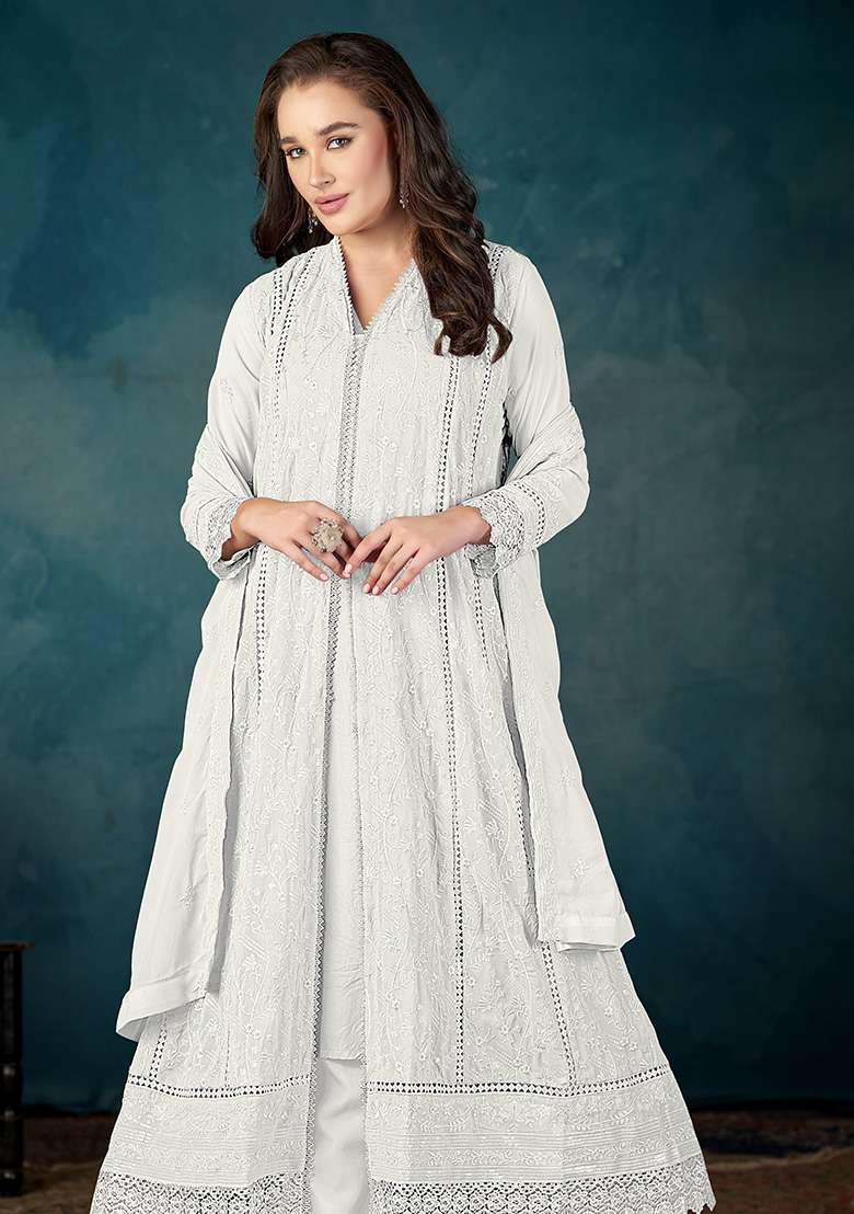 White Embroidery Georgette Kurta Set - Indya