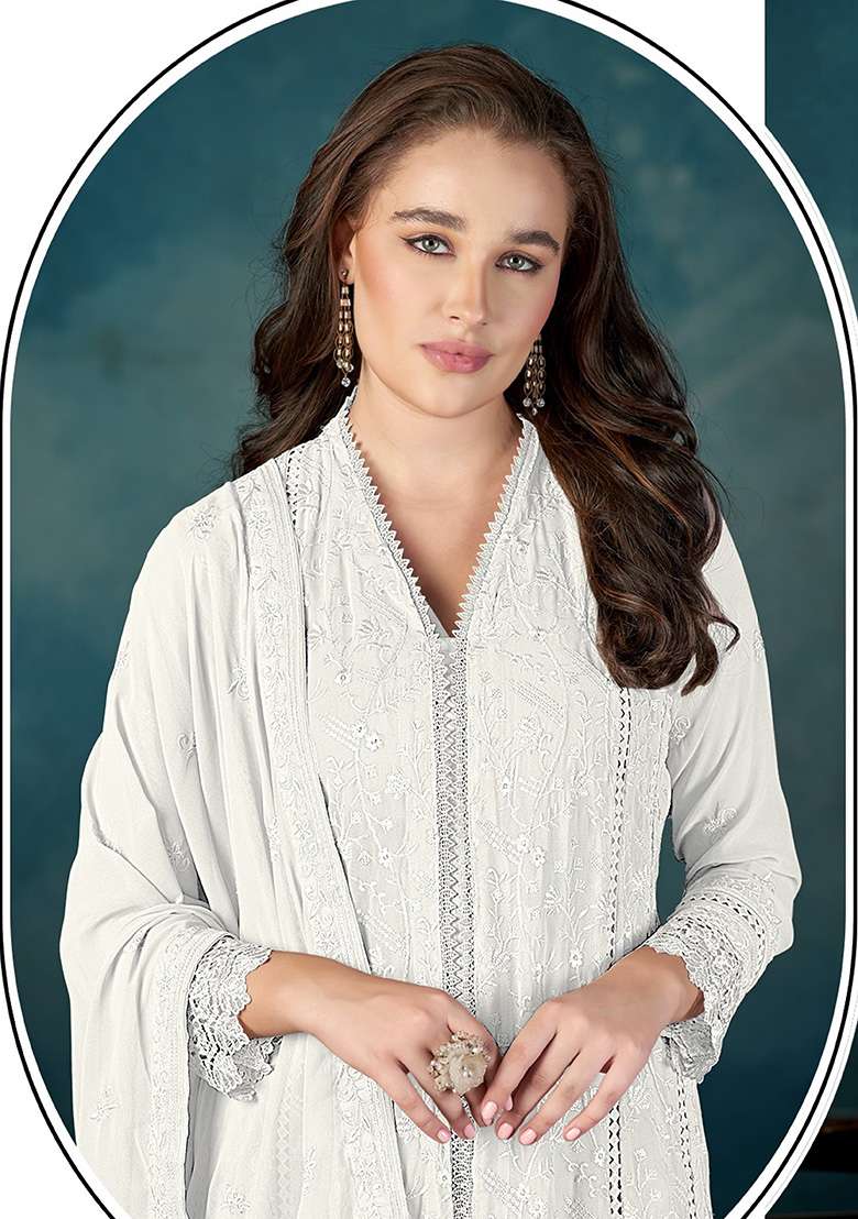 White Embroidery Georgette Kurta Set - Indya