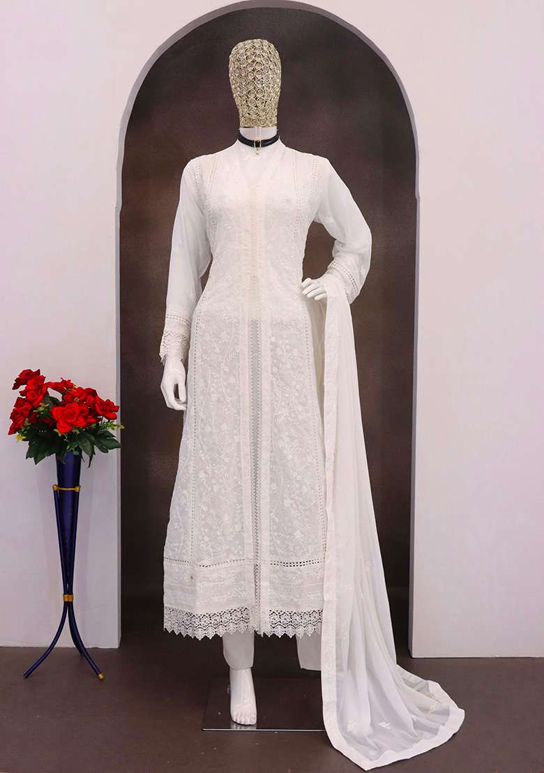 White Embroidery Georgette Kurta Set - Indya