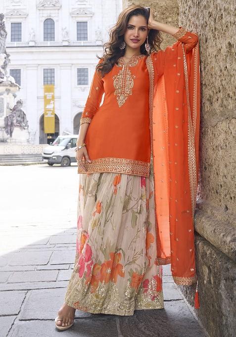 Orange Embroidery Chinon Kurta Set