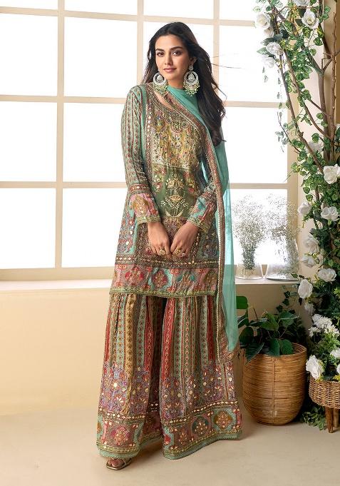 Multicolor Embroidery Crepe Kurta Set