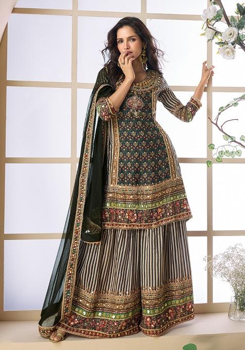 Multicolor Embroidery Crepe Kurta Set