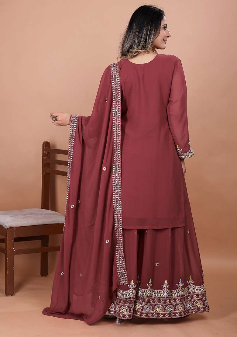 Light Maroon Embroidered Georgette Sharara Set - Indya