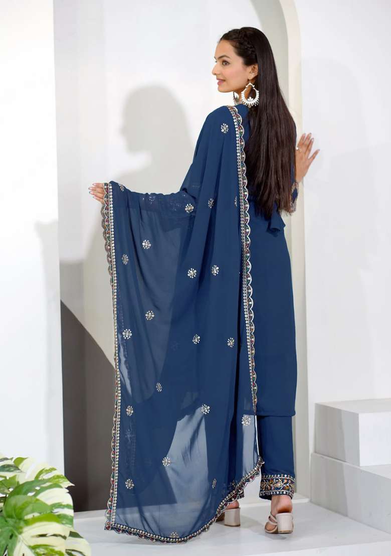 Navy Blue Embroidered Georgette Pakistani Suit Set - Indya