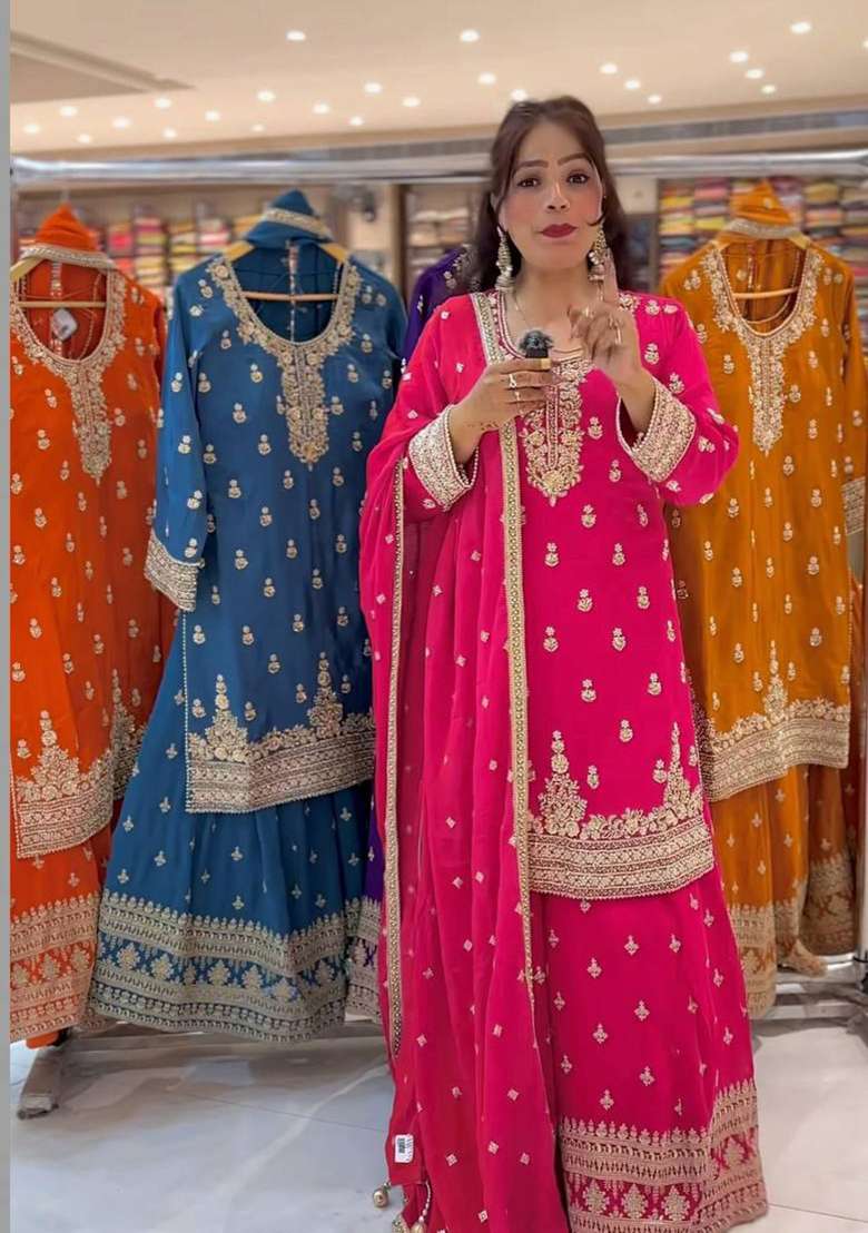 Rani Pink Embroidered Chinon Sharara Set - Indya