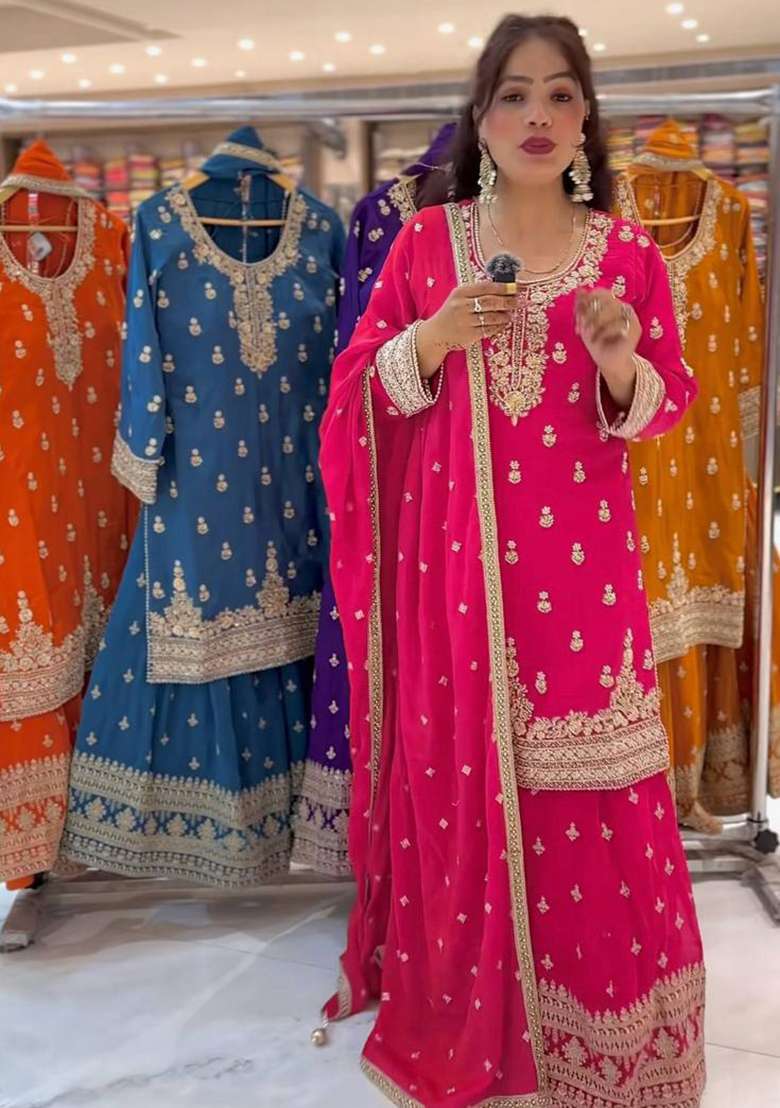 Rani Pink Embroidered Chinon Sharara Set - Indya