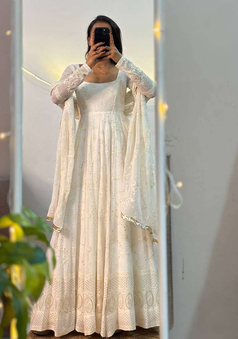 Cream Chikankari Georgette Anarkali Set - Indya