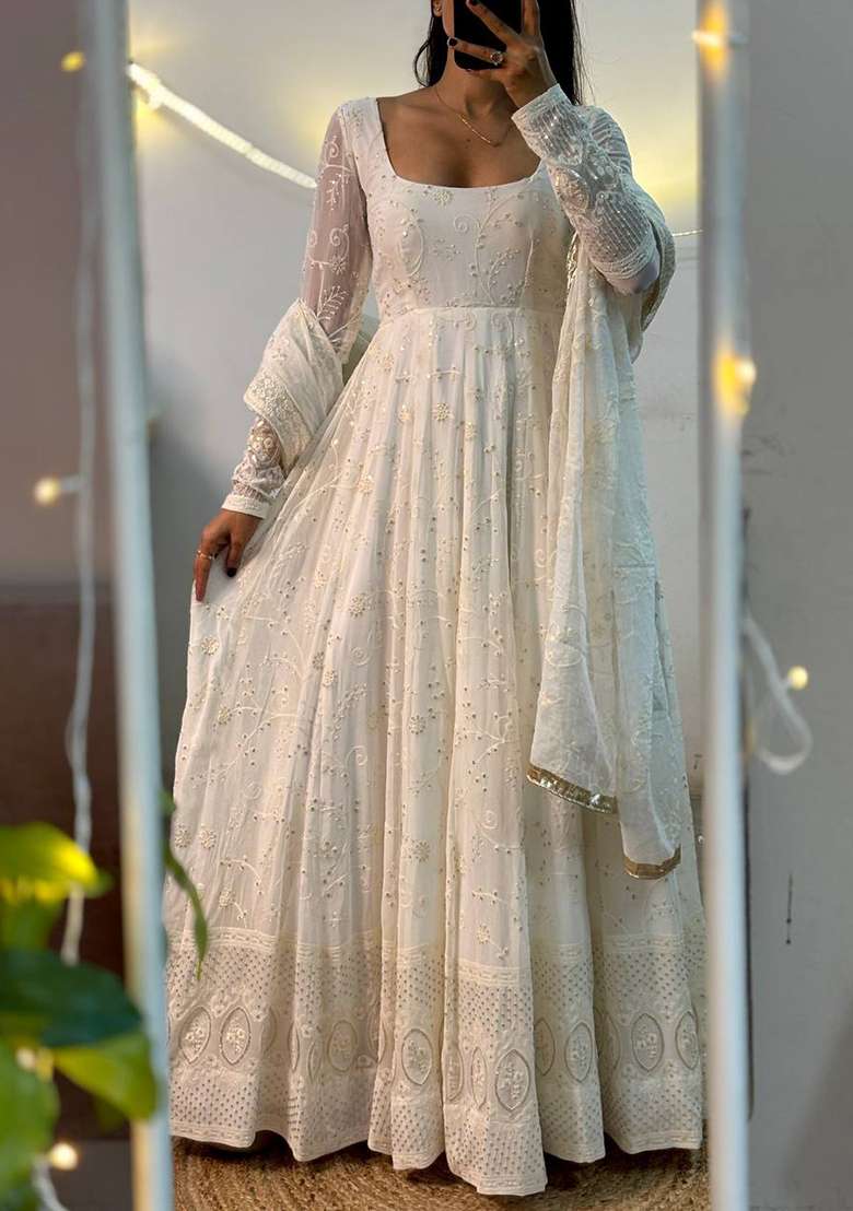 Cream Chikankari Georgette Anarkali Set - Indya