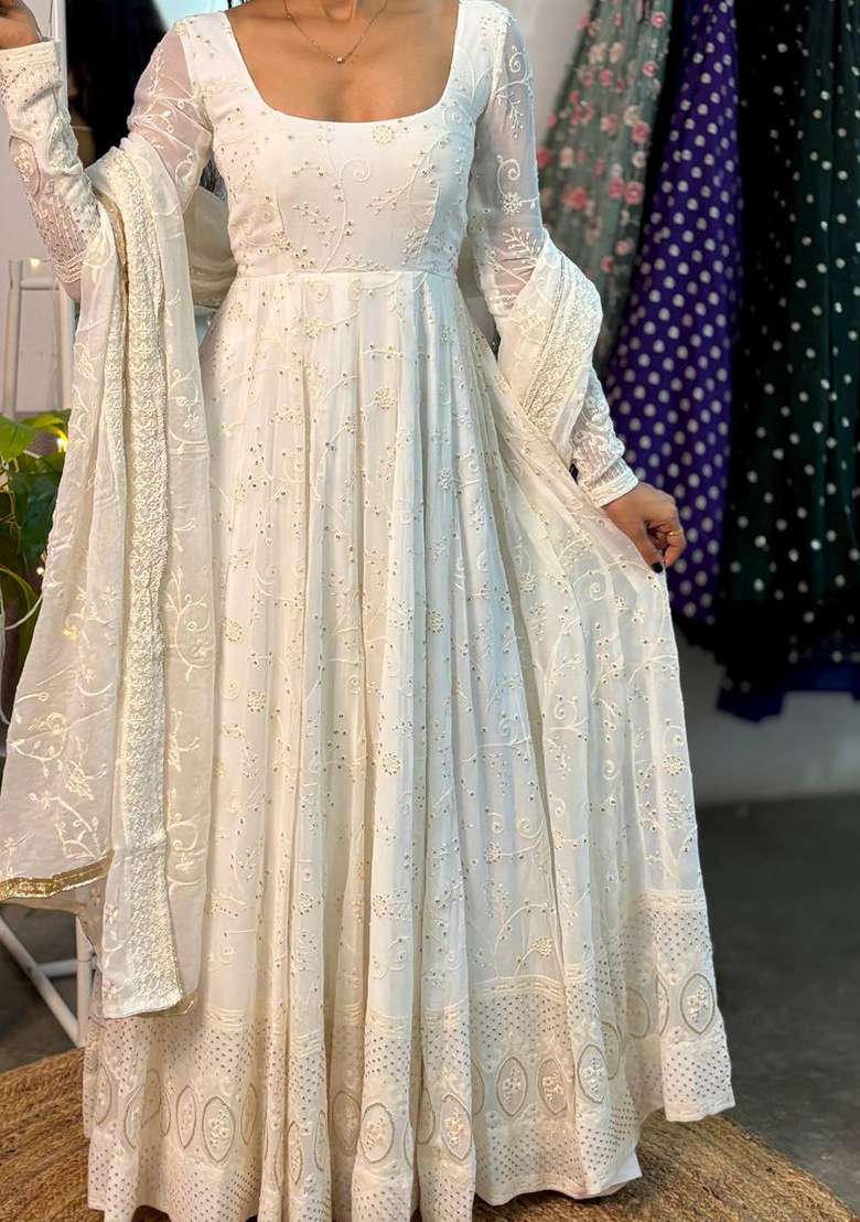 Cream Chikankari Georgette Anarkali Set - Indya