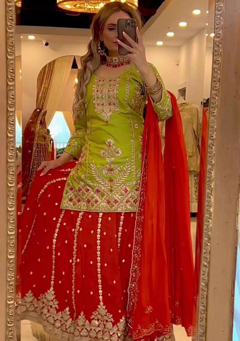 Green And Red Embroidered Silk Blend Sharara Set - Indya