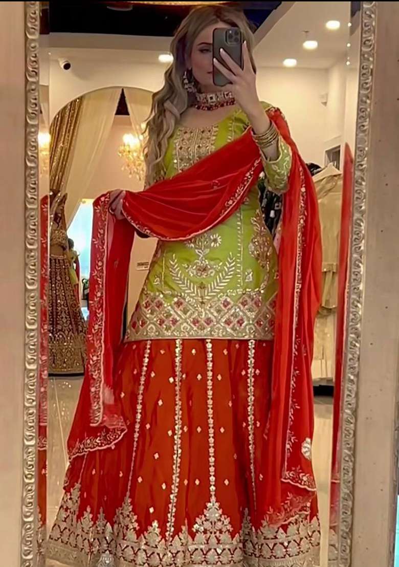 Green And Red Embroidered Silk Blend Sharara Set - Indya