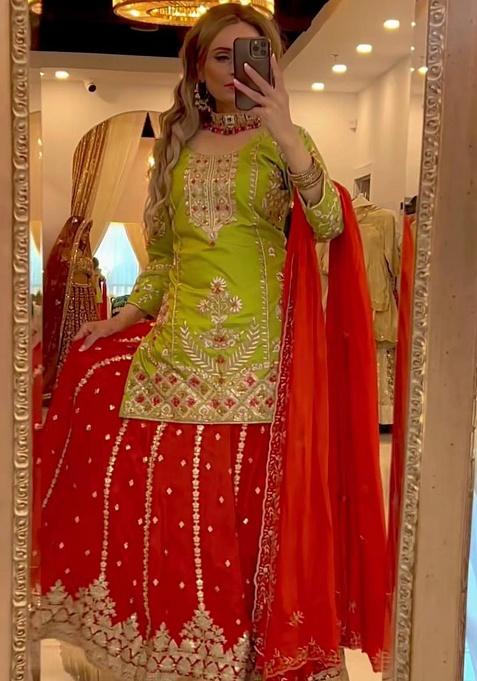 Green And Red Silk Chinon Silk Salwar Suit