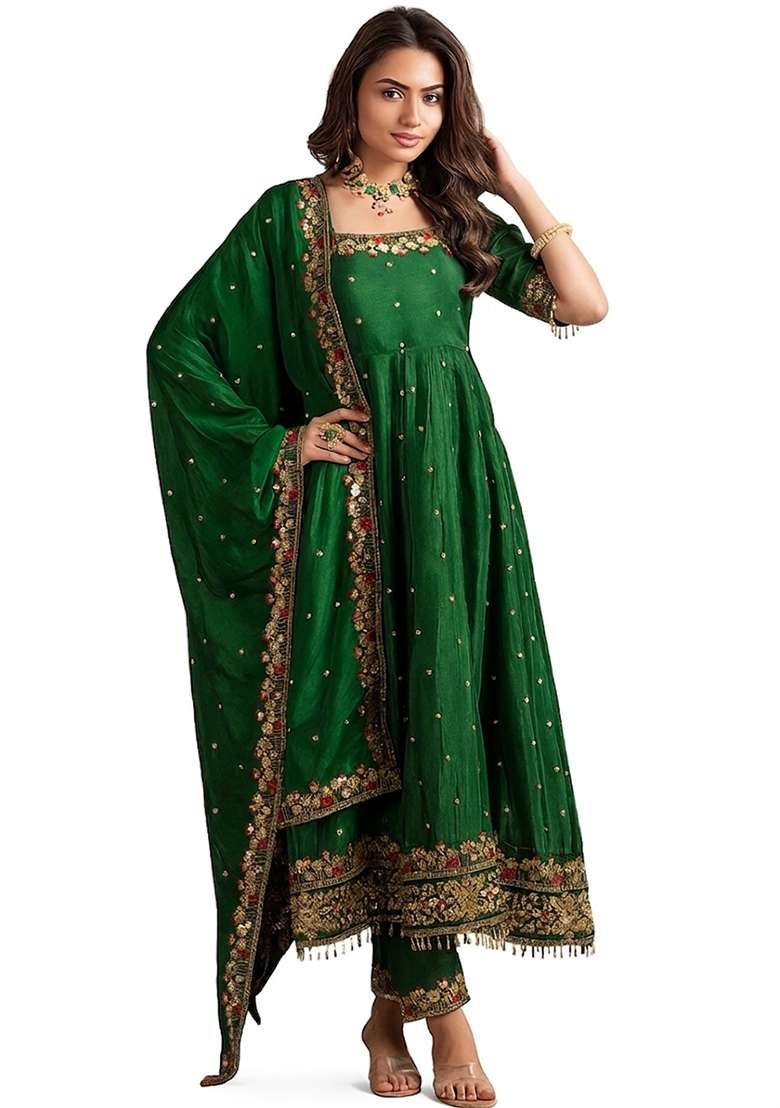Green Embroidered Silk Blend Anarkali Set - Indya