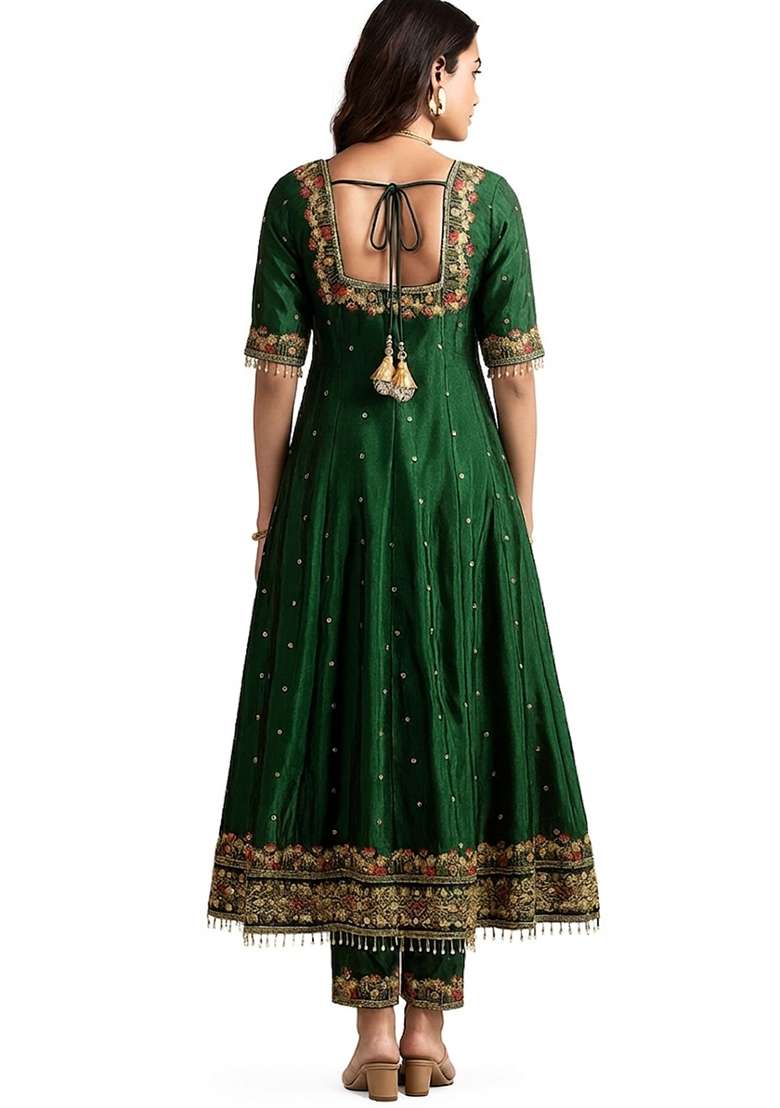 Green Embroidered Silk Blend Anarkali Set - Indya