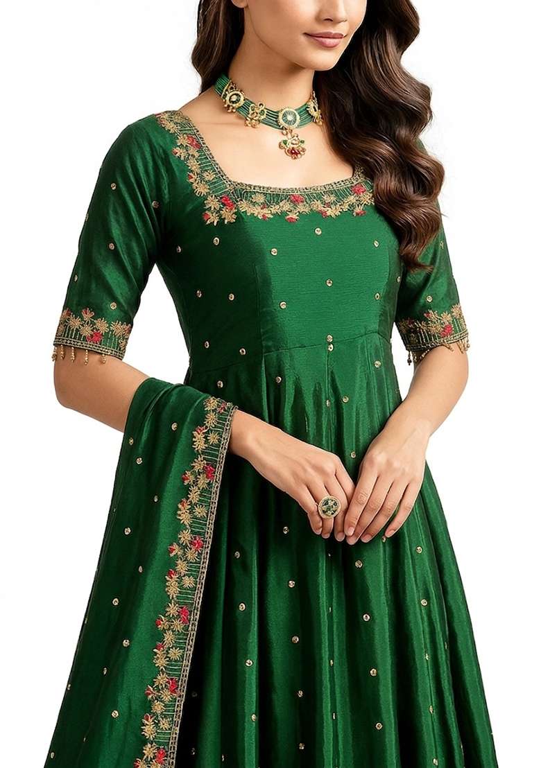 Green Embroidered Silk Blend Anarkali Set - Indya