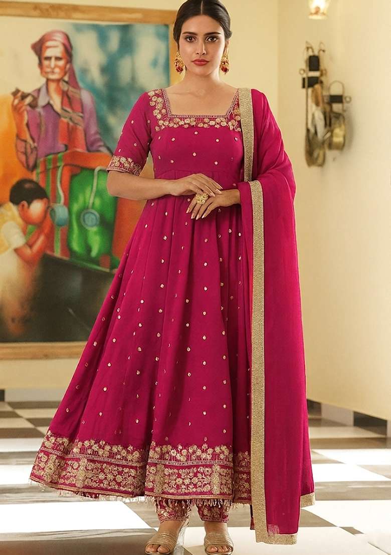 Rani Pink Embroidered Silk Blend Anarkali Set - Indya