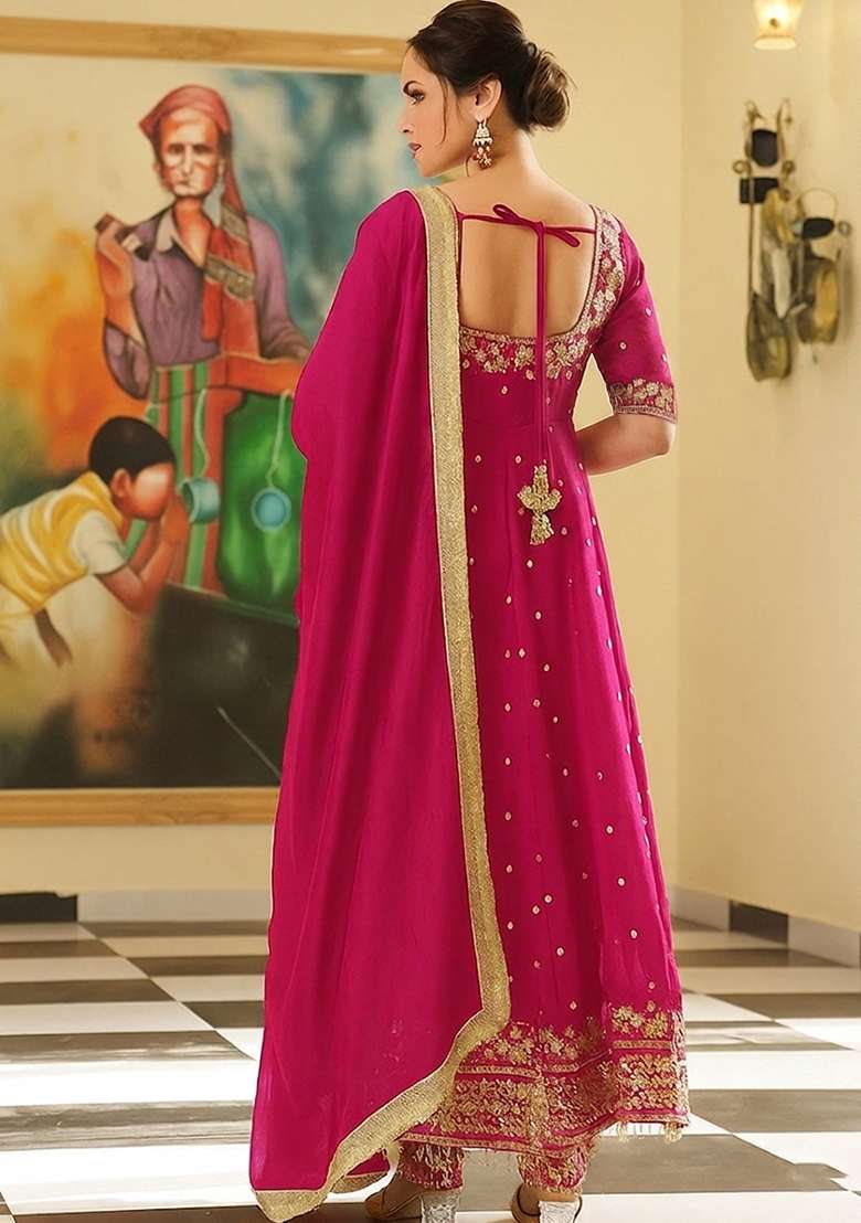 Rani Pink Embroidered Silk Blend Anarkali Set - Indya