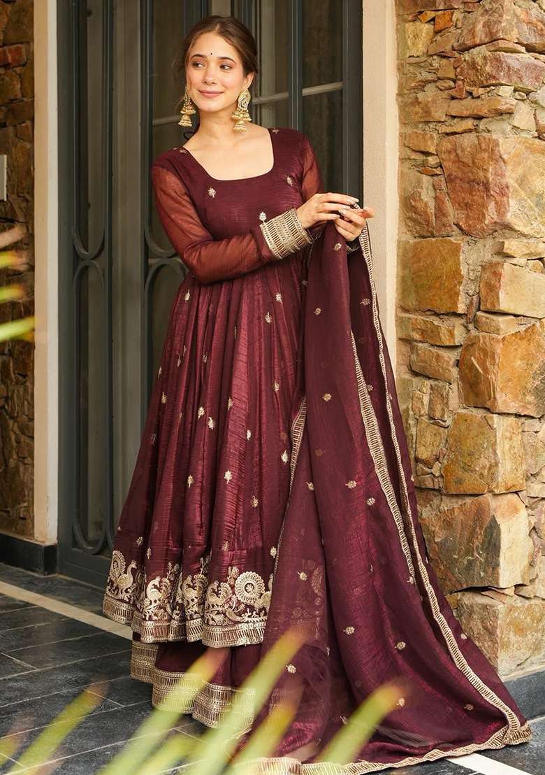 Maroon Embroidered Silk Blend Anarkali Set - Indya