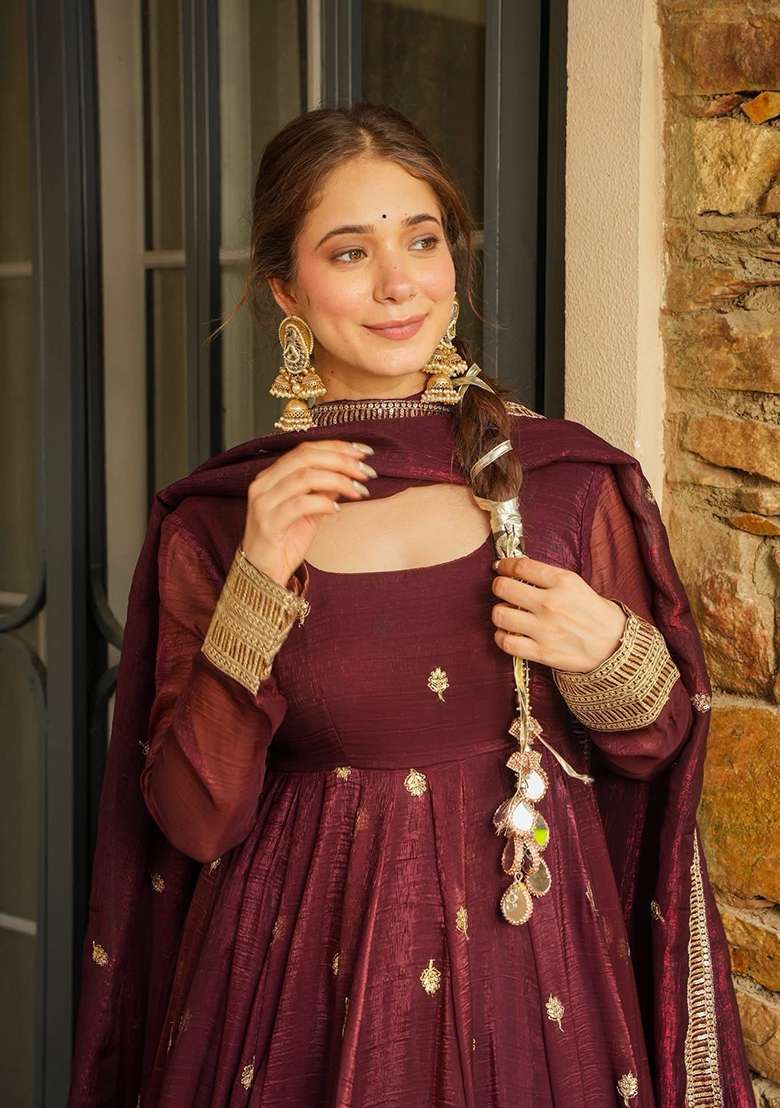 Maroon Embroidered Silk Blend Anarkali Set - Indya