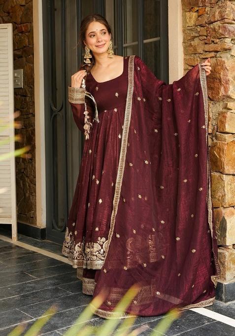 Maroon Silk Simmer Silk Salwar Suit