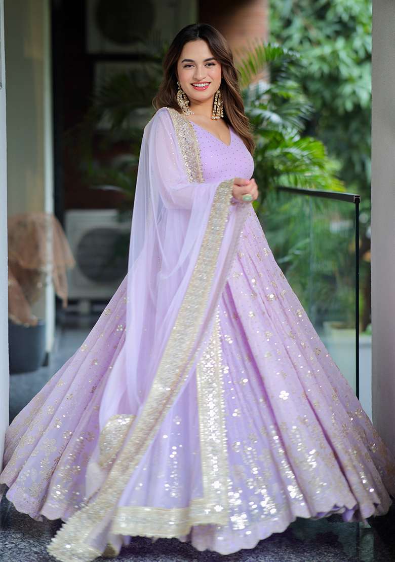 Orchid Sequin Work Faux Blooming Anarkali Set - Indya