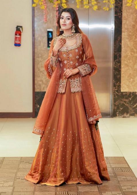 Brown Silk Simmer Silk Sharara Suit