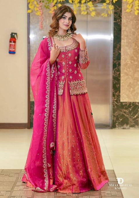 Pink Silk Simmer Silk Sharara Suit