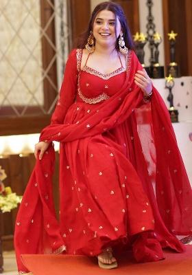 Red Embroidered Faux Blooming Anarkali Set