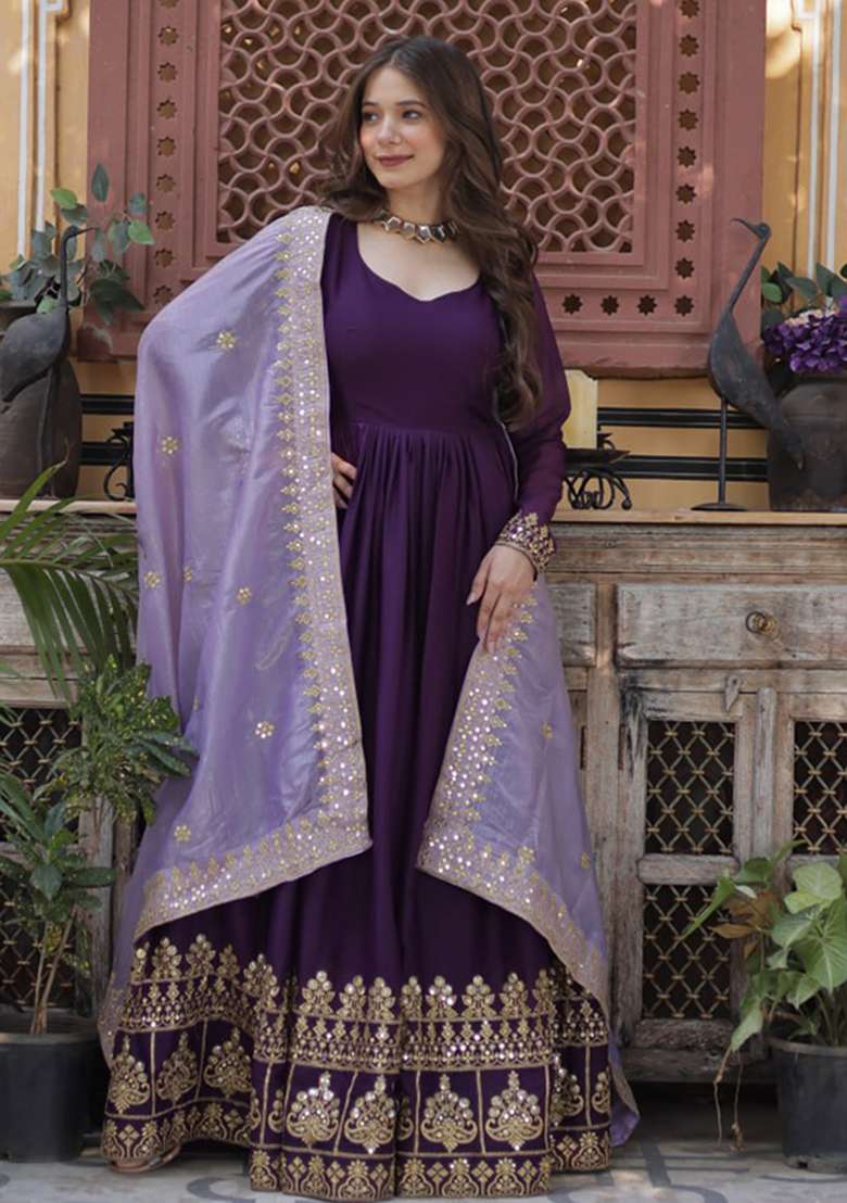 Purple Embroidered Faux Blooming Anarkali Set - Indya