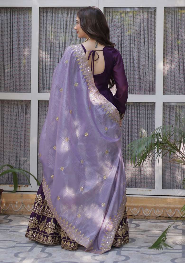 Purple Embroidered Faux Blooming Anarkali Set - Indya