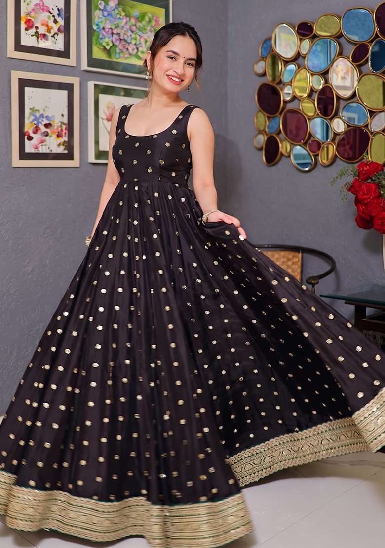 Black Zari Work Silk Blend Gown - Indya
