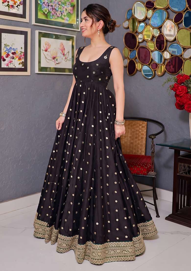 Black Zari Work Silk Blend Gown - Indya