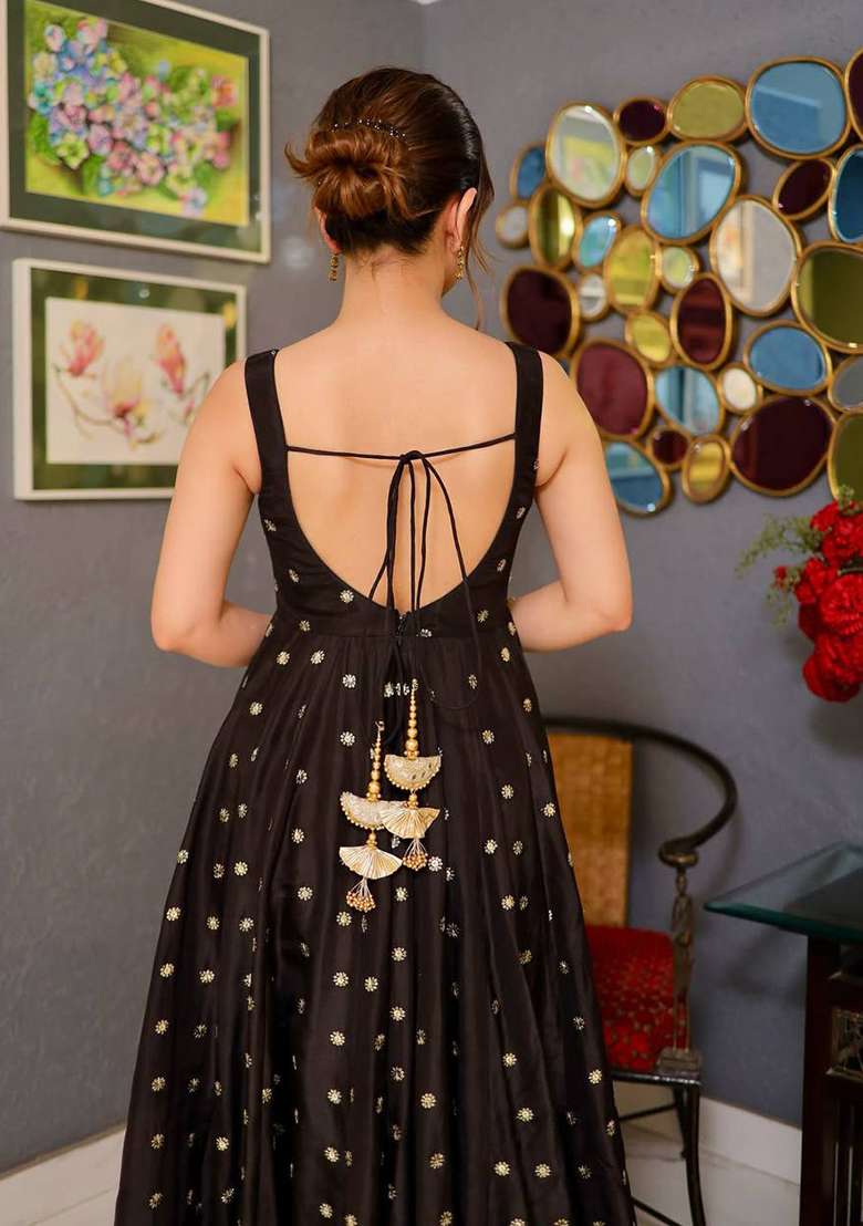 Black Zari Work Silk Blend Gown - Indya